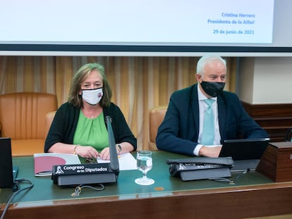 La presidenta de la Airef, Cristina Herrero, este martes en la Comisión de Hacienda del Congreso.