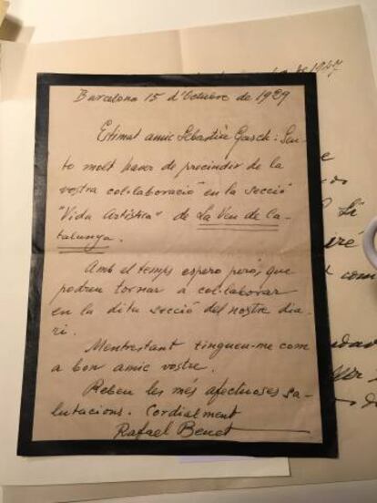 Carta on Benet acomiada Sebastià Gach de 'La Veu de Catalunya'.