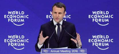 El presidente de Francia, Emmanuel Macron, durante su discurso en el Foro de Davos.