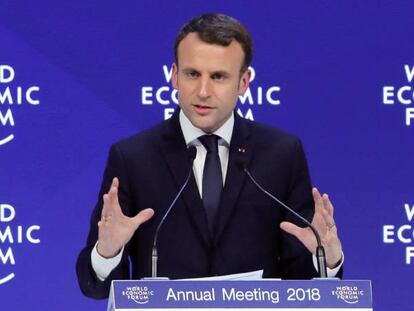 El presidente de Francia, Emmanuel Macron, durante su discurso en el Foro de Davos.