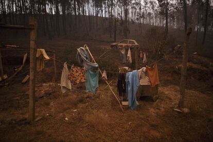 Ropa tendida tras el paso de las llamas en Castanheira de Pera, Leiria, Portugal.