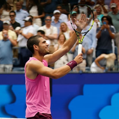 Sep 5, 2025; Flushing, NY, USA; Carlos Alcaraz (ESP) celebrates after his match against Novak Djokovic (SRB) (not pictured) in a men's singles semifinal on day thirteen of the 2025 US Open tennis championships at USTA Billie Jean King National Tennis Center. Mandatory Credit: Geoff Burke-Imagn Images
