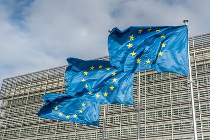 European Union flags at Berlaymont building of the European Commission