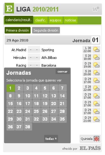 Aspecto del 'widget' de la Liga de fútbol de EL PAÍS que se puede descargar en una página web o en el escritorio.