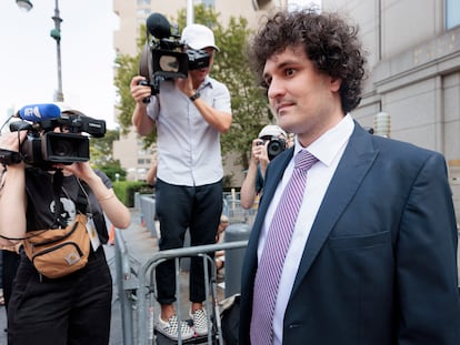 FTX founder Sam Bankman-Fried departs a United States federal courthouse following a bail hearing in New York, New York, USA, 26 July 2023.