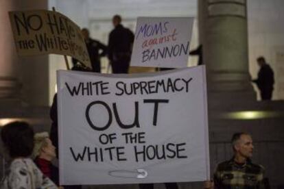 Marchers protesting Steve Bannon's appointment as presidential adviser.