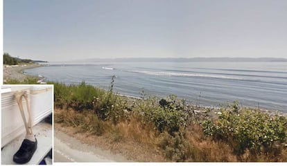 Foto extraída de Google Maps de la zona costera del sur de la isla de Vancouver en la que se halló el último pie. A la izquierda, un detalle de la extremidad.