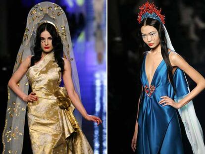 Dos modelos de Jean Paul Gaultier (a la izquierda, Dita Von Teese), durante los desfiles de ayer.