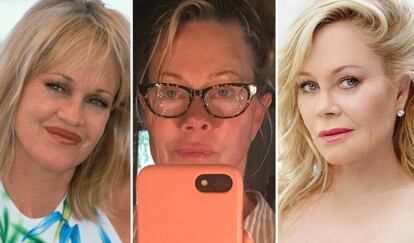 Melanie Griffith en los años 90, en su Instagram en agosto de 2018 y en unas fotos para una revista el mismo mes.