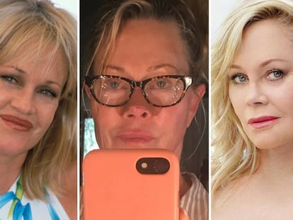 Melanie Griffith en los años 90, en su Instagram en agosto de 2018 y en unas fotos para una revista el mismo mes.