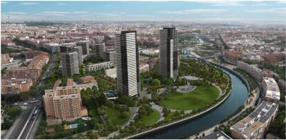 Proyección realizada por el Ayuntamiento de Madrid del ámbito junto al río Manzanares una vez concluida la reforma.