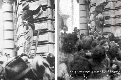 The revolutionary caudillo places a plaque that reads "Francisco I. Madero" to replace the street sign formerly called "San Francisco."