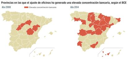 Provincias en las que el ajuste de oficinas ha generado una elevada concentraci&oacute;n bancaria, seg&uacute;n el BCE