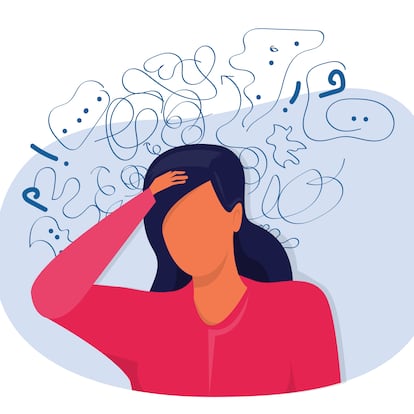 woman suffers from obsessive thoughts; headache; unresolved issues; psychological trauma; depression.Mental stress panic mind disorder illustration Flat vector illustration.