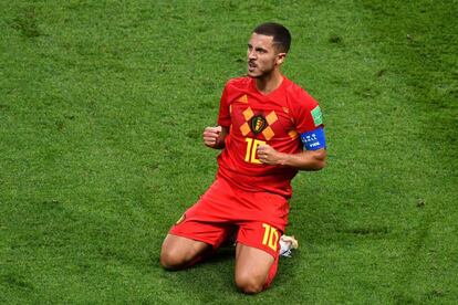 Hazard celebra el triunfo de Bélgica ante Brasil.