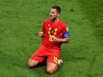 Hazard celebra el triunfo de Bélgica ante Brasil.