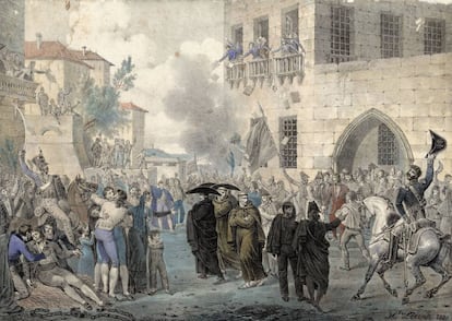 L'assalt al Palau de la Inquisició, segons un gravat d'Hippolyte Lecomte, del 1820.