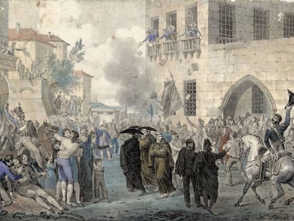 L'assalt al Palau de la Inquisició, segons un gravat d'Hippolyte Lecomte, del 1820.
