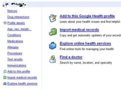 Aspecto de la página de inicio de Google Health