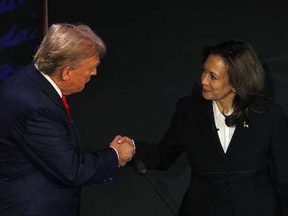 Donald Trump and Kamala Harris shake hands before the election debate.