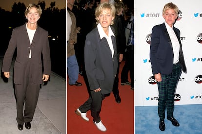 Ellen DeGeneres. La presentadora siempre tira de pantalón o traje tanto en su programa matutino como cuando le toca pisar las alfombras rojas. Aunque es bastante fanática de las chaquetas bómber, lo que más repite es la fórmula infalible de traje oscuro con camiseta o camiseta blanca. Lo lleva haciendo desde sus inicios: las imágenes corresponden a 1994, 1997 y 2014.