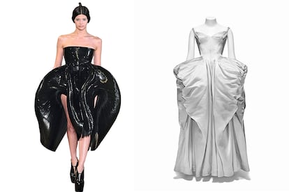 A la izquierda, vestido de Iris Van Herpen de 2012; a la derecha, vestido de Charles james de 1951