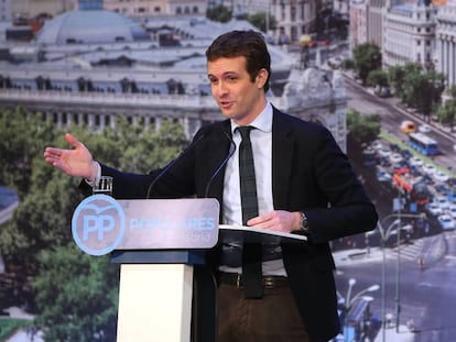 Pablo Casado, en la presentación de los candidatos del PP a la alcaldía de Madrid.