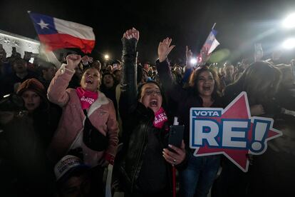 Republican party members celebrate obtaining the largest number of representatives after the election for the Constitutional Council, which will draft a new constitution proposal in Santiago, Chile, Sunday, May 7, 2023. A first attempt to replace the current Charter bequeathed by the military 42 years ago was rejected by voters during a referendum in 2022. (AP Photo/Esteban Felix)