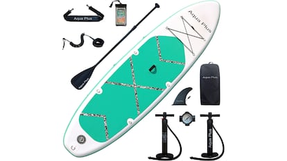 Tabla de paddle surf hinchable vendida en kit ahorro junto a multitud de accesorios 