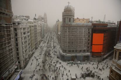 Nieve en el centro de Madrid por el temporal Filomena el pasado 9 de enero.