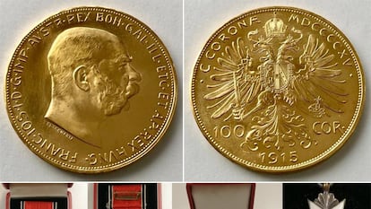 Acima, cara e coroa de uma das 31 moedas de ouro do império austro-húngaro encontradas em um cofre de banco em Dénia, na Espanha, bem como a medalha nazista da Ordem da Águia sem espadas, da qual se veem vários detalhes.