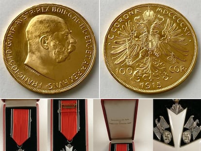 Arriba, monedas de oro del imperio austrohúngaro y la medalla nazi, halladas en una caja de seguridad en Dénia.