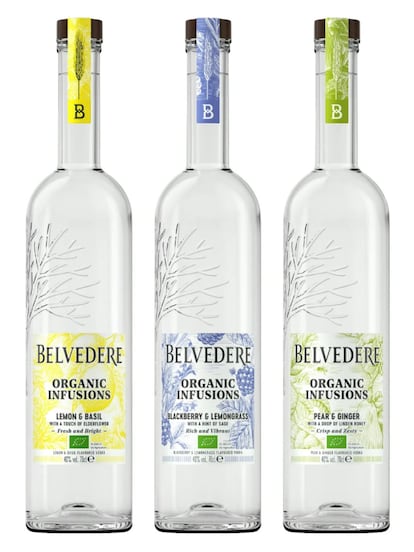 Belvedere lanza al mercado una nueva gama de vodkas infusionados 100% orgánicos. Elaborado con centeno polaco ecológico, combina frutas y productos orgánicos, creando diferentes perfiles armonizados para elaborar cócteles, como: limón & albahaca, pera & jengibre, y moras & hierba de limón. La gama Belvedere Organic Infusions está certificada y catalogada por la Unión Europea y por el Departamento de Agricultura de Estados Unidos (USDA). Precio: 44,50 euros. www.belvederevodka.com.