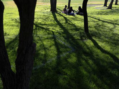 Jóvenes disfrutan un picnic en el parque Araucano, en Santiago (Chile), en julio de 2020.