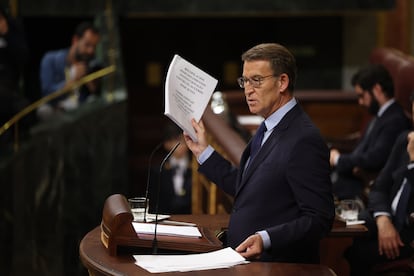 El presidente del PP, Alberto Núñez Feijóo, este miércoles en el Congreso, en el primer día del debate de investidura de Pedro Sánchez.