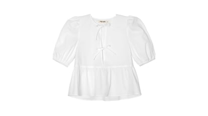 Blusa de mujer con lazos en escote The-Are, color blanco y mangas abullonadas