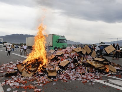 Le Boulou (France), 19/10/2023.- French winemakers destroy a shipment of tomatoes coming from Spain during a demonstration by the tollbooth in Le Boulou, near the Spanish border, south of France, 19 October 2023. Winegrowers and winemakers from south of France are protesting against the introduction of Spanish wines. (Protestas, Francia, España) EFE/EPA/GUILLAUME HORCAJUELO
