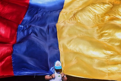 Un hombre carga una bandera durante la marcha a favor de la consulta popular, en Cali.