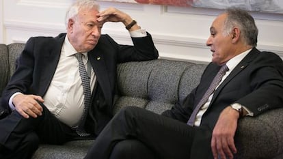 José Manuel García-Margallo i Mezouar Salaheddine, ministre d'Exteriors del Marroc, aquest dilluns a Barcelona.