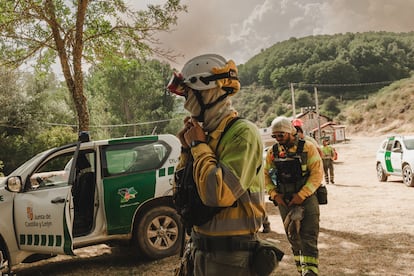 Varios agentes dan la batalla contra el incendio en Montaña Palentina. 