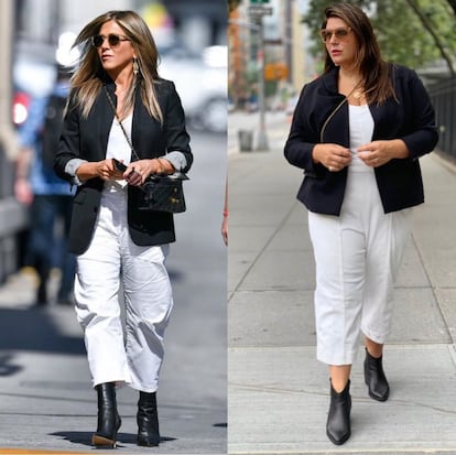 Un 'look' en blanco y negro con botines y bolso a juego, visto en Jennifer Aniston y en Katie Sturino.