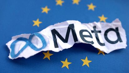 Bandera de la UE y logotipo de Meta.