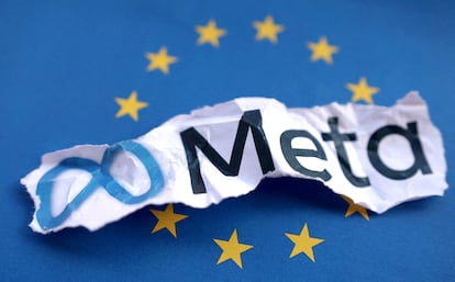 En esta ilustración se ve una bandera de la UE y el logotipo de Meta.