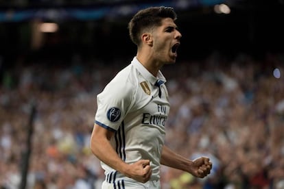 Asensio celebra el gol al Bayern en la prórroga de los cuartos de Champions.