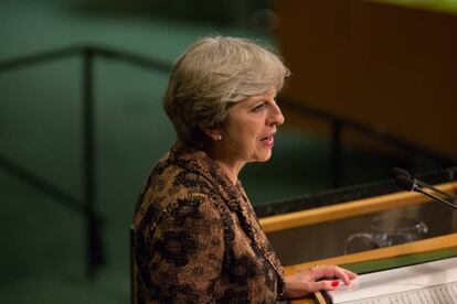 La primera ministra británica, Theresa May, en la Asamblea General de la ONU el 20 de septiembre en Nueva York.