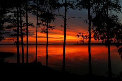 La puesta de sol vista desde un lago cerca de la ciudad de Sosenka (Bielorrusia), el 21 de julio de 2018.