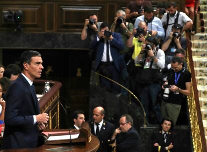 Pedro Sánchez, en un momento de su intervención este jueves, ante el pleno de la Cámara baja.