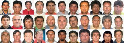 Fotografías de los 33 mineros que permanecen atrapados en la mina San José, cedidas por <i>El Diario de Atacama</i>.