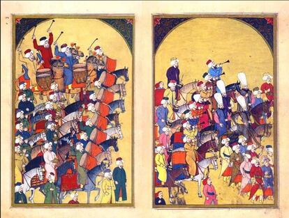 Miniaturas del artista otomano Levnî Abdulcelil Çelebi (1680-1732), incluidas en el 'Surname-i Vehbi' (libro de los festivales), en las que se representa un mehter o banda jenízara.