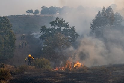 La Brigada se dirige por el terreno calcinado hacia uno de los focos en Pentes, Ourense.